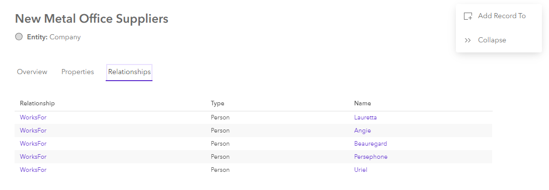 Relationships tab of an entity data card Relationships tab of an entity data card