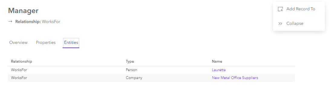 Entities tab of a relationship data card Entities tab of a relationship data card